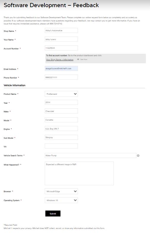 Mitchell 1 Product Software Feedback Survey Form