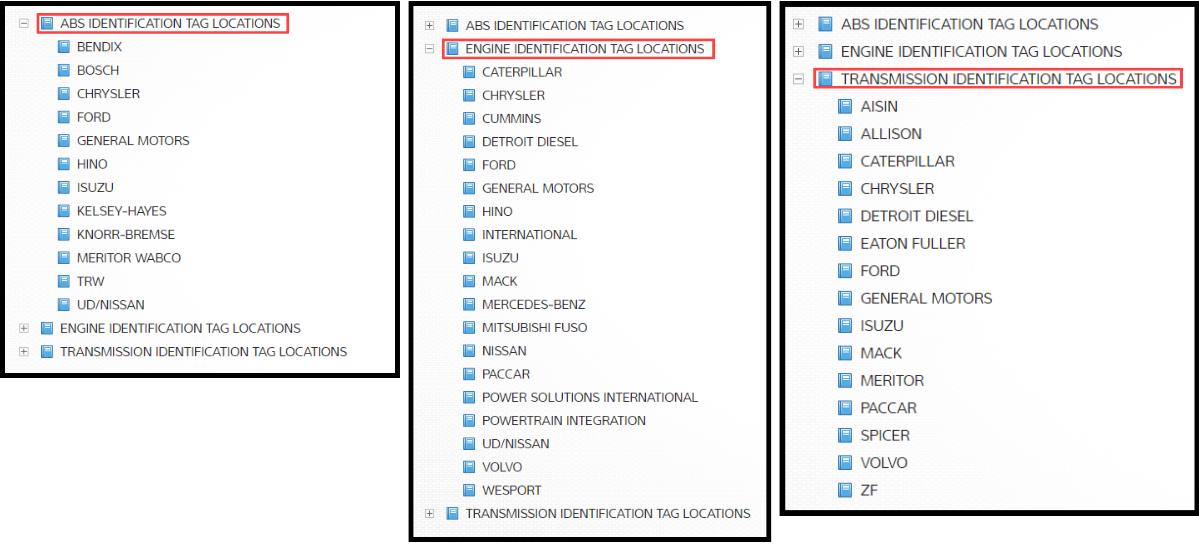 ABS, Engine, Transmission Identification Tag Locations TruckSeries