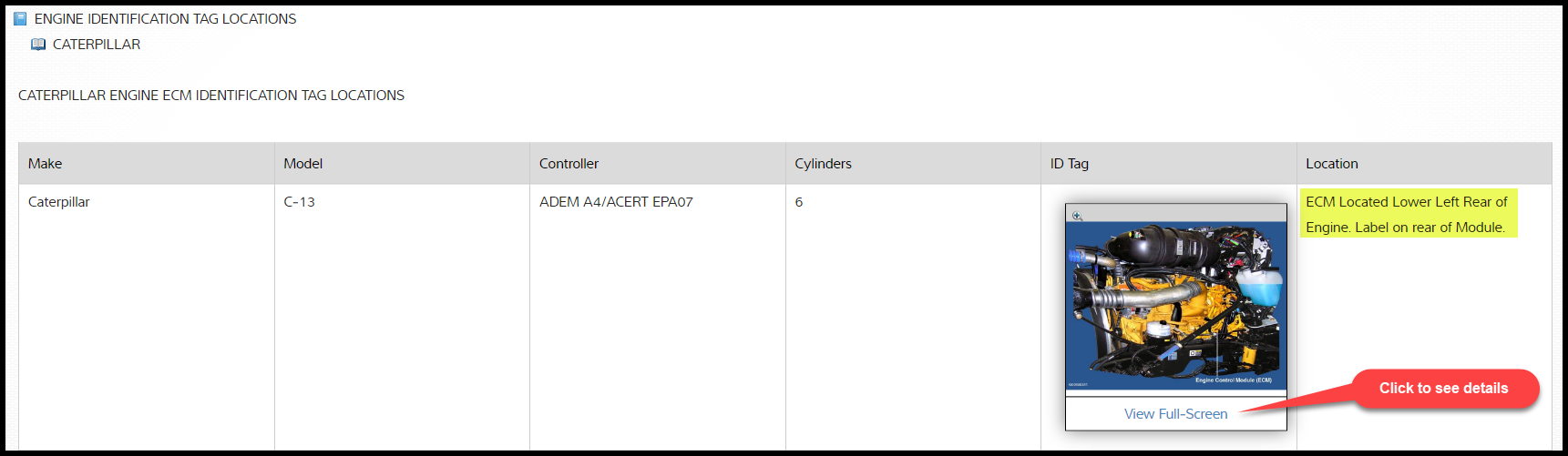 Caterpillar engine ECM identification tag locations